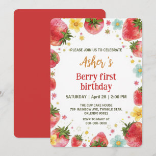 Invitation Motif arc-en-ciel de fraises mignonnes 1er anniver