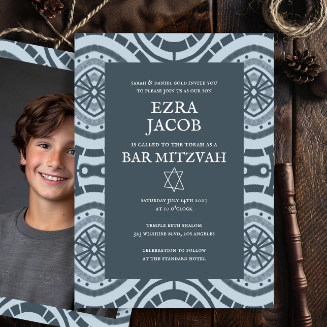 Invitation Motif Boho moderne personnalisé photo chaume bar M (Modern Boho Pattern Custom Photo B'nai Bat Bar Mitzvah Invitation
)