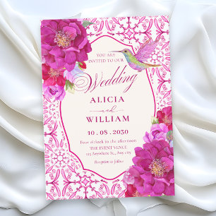 Invitation motif carreau artistique floral mariage rose