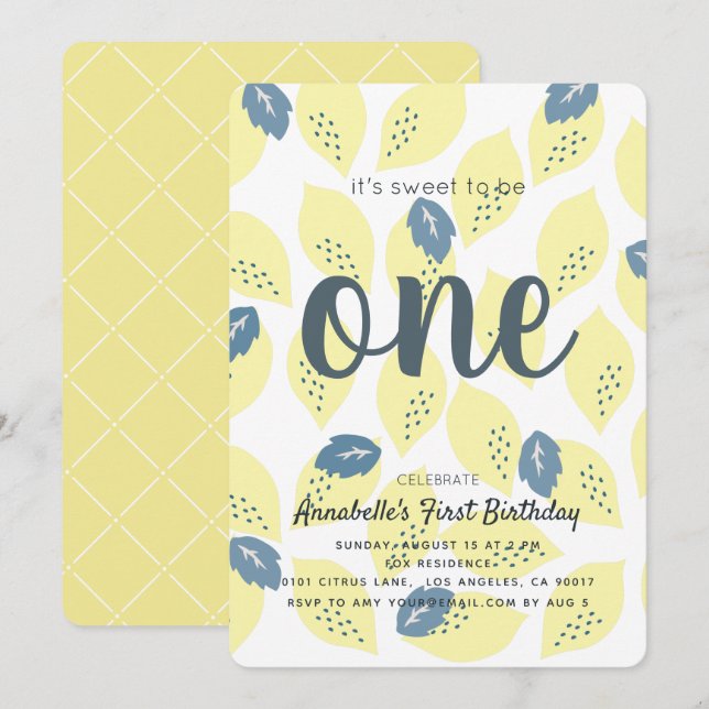 Invitation Motif citron et feuille 1er anniversaire Invitatio (Devant / Derrière)
