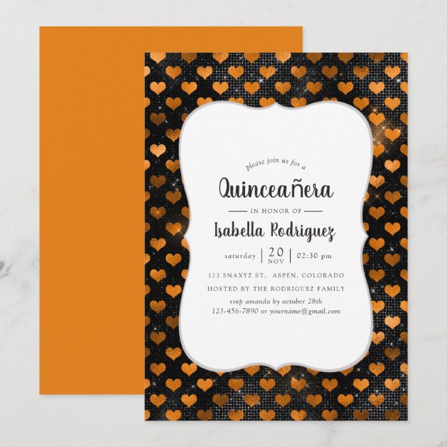 Invitation Motif Coeur noir et orange Quinceañera (Devant / Derrière)