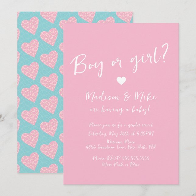 Invitation Motif Coeur Valentines Jour Genre Révélation Bleu (Devant / Derrière)