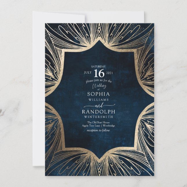Invitation Motif complexe bleu et or (Devant)