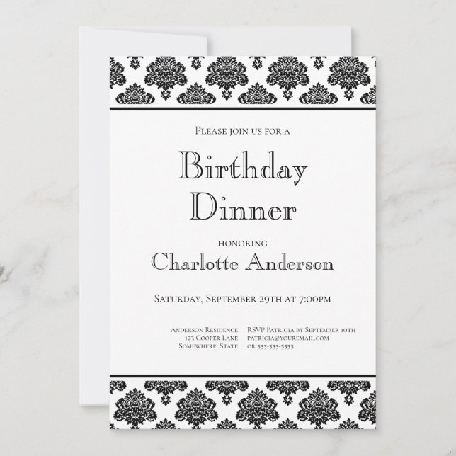 Invitation Motif Damas noir & blanc Anniversaire Dîner (Devant)