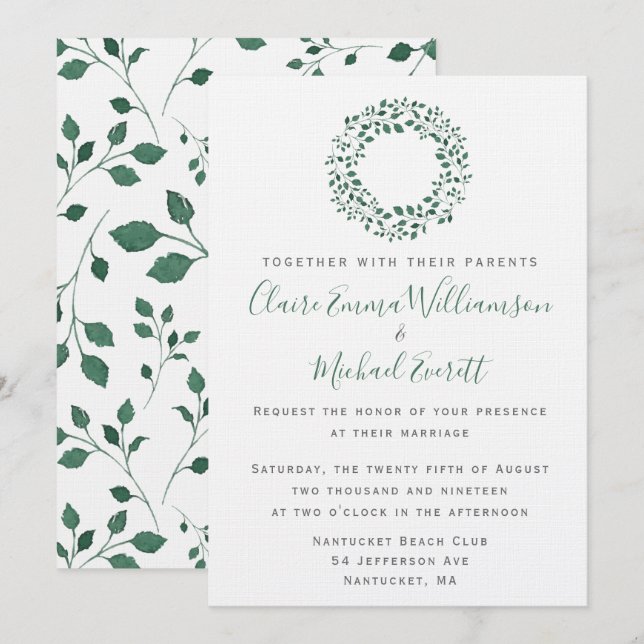 Invitation Motif d'aquarelle vert rustique | MARIAGE (Devant / Derrière)