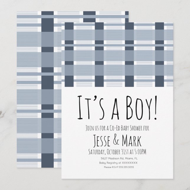 Invitation Motif de Baby shower Plaid bleu C’est un garçon (Devant / Derrière)