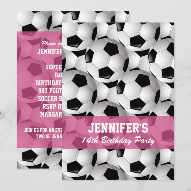 Invitation Motif de bal de football personnalisé v2 rose Anni (Devant / Derrière)