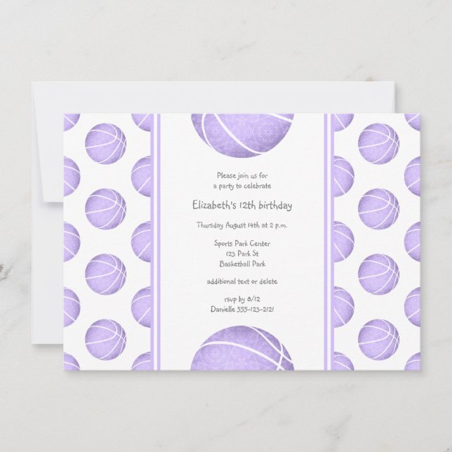 Invitation motif de ballons de basket-ball violets pastel pou (Devant)