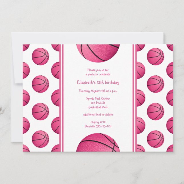 Invitation motif de ballons de basket roses pour une fête d'a (Devant)