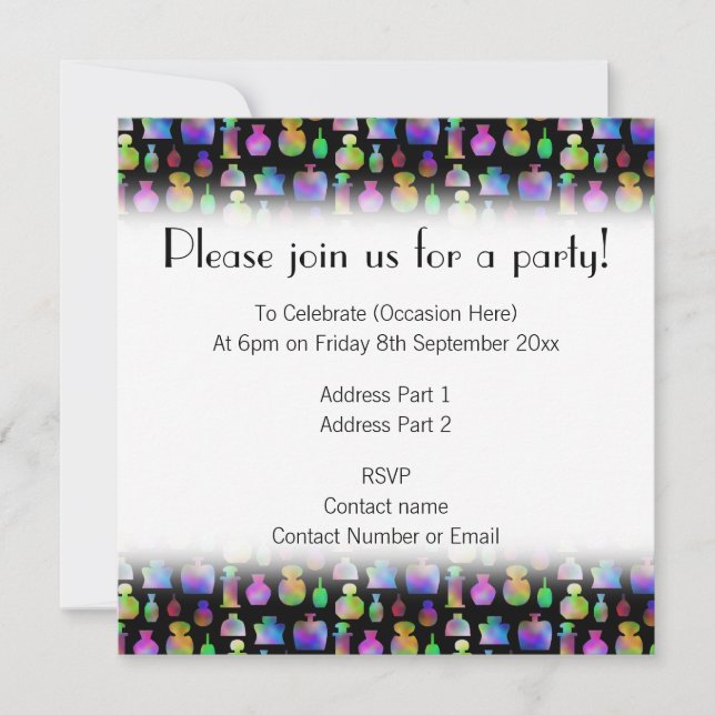 Invitation Motif de bouteilles de parfum colorées. (Devant)