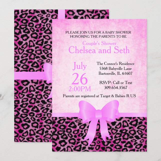 Invitation Motif de chat animal Jaguar| rose| Baby Girl Showe (Devant / Derrière)