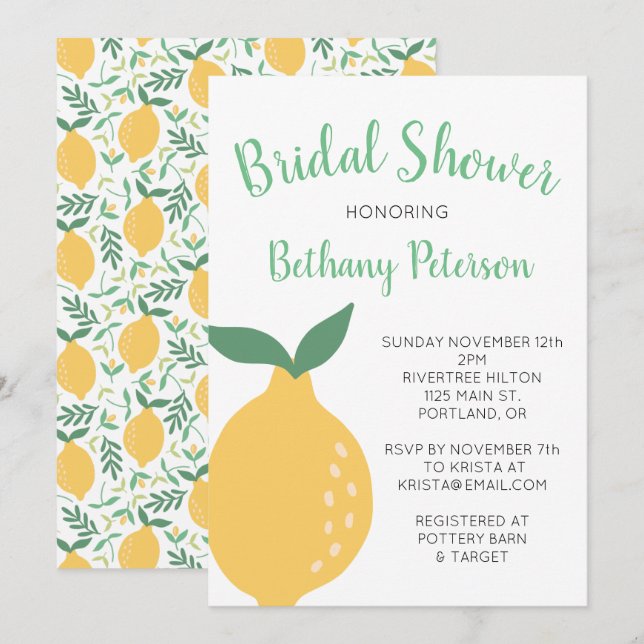 Invitation Motif de citron jaune avec Fête des mariées de nom (Devant / Derrière)