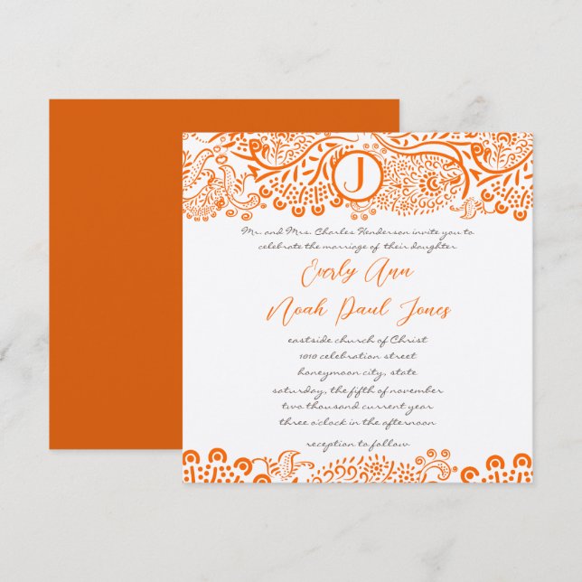 Invitation Motif de corail orange Monogrammes Mariages (Devant / Derrière)