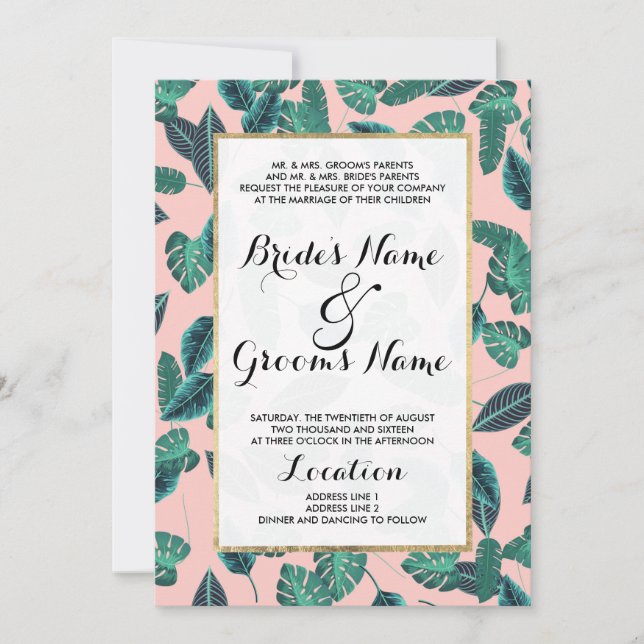 Invitation Motif de coucher de soleil Feuille vert rose d'été (Devant)