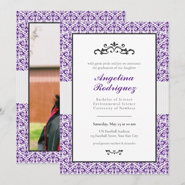 Invitation Motif de Damas pourpre Motif de la photo Graduatio (Devant / Derrière)