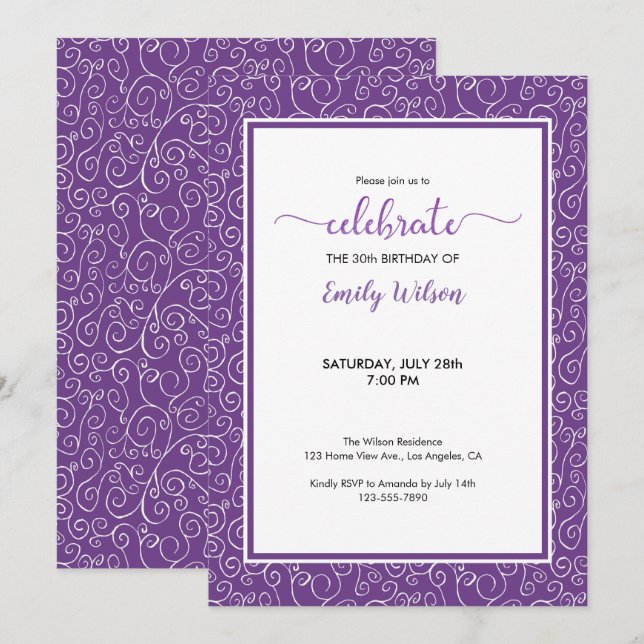 Invitation Motif de défilement violet 30e anniversaire Invita (Devant / Derrière)