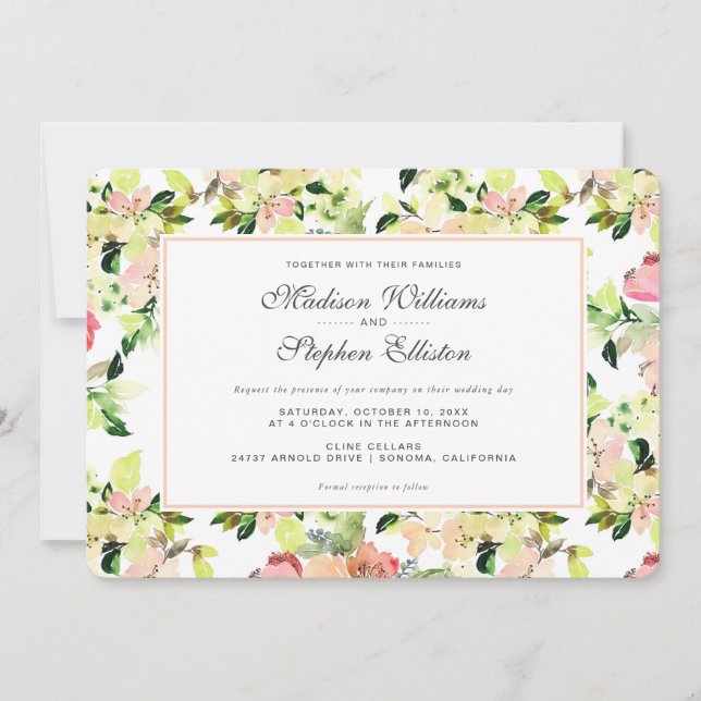 Invitation Motif de fleurs d'aquarelle rose - Mariage (Devant)