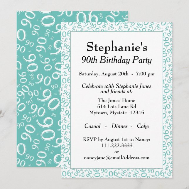 Invitation Motif de nombre aléatoire 90 Turquoise/Blanc 90ème (Devant / Derrière)