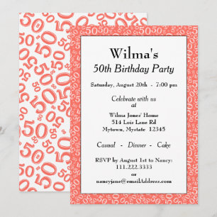 Invitation Motif de nombres aléatoires 50 Corail/Blanc 50ème