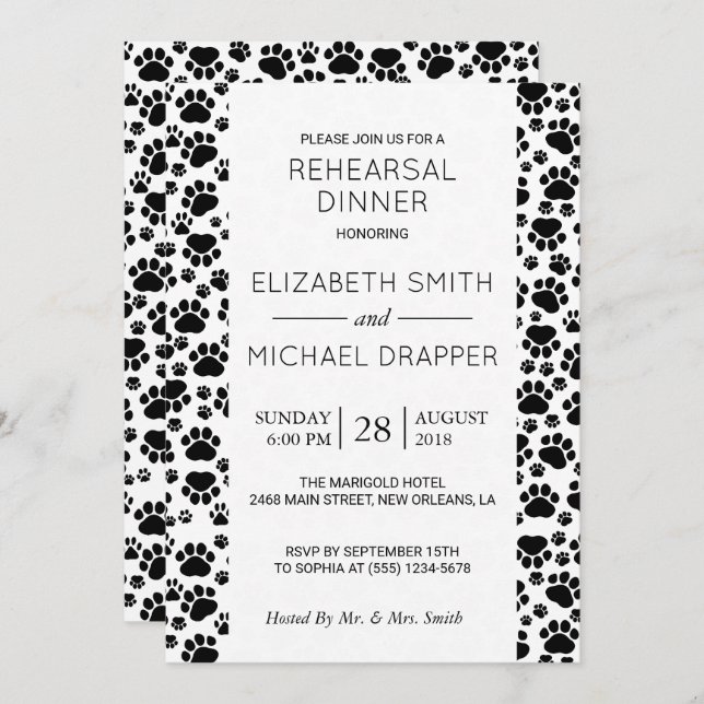 Invitation Motif De Pâtes, Noir Et Blanc, Dîner De Répétition (Devant / Derrière)