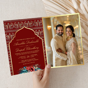 Invitation Motif de Peacock or rouge Floral Indien Mariage