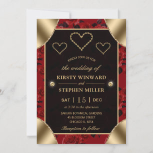 Invitation Motif de rose rouge et mariage de diamants en or