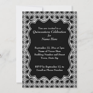 Invitation Motif décoratif noir et blanc Quinceanera