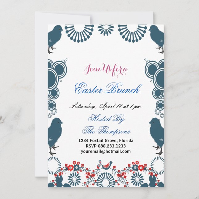 Invitation Motif décoratif Pâques Brunch Chick Birds Floral (Devant)