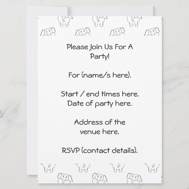Invitation Motif des éléphants noirs et blancs. (Devant)