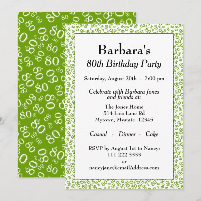 Invitation Motif des numéros vert et blanc de la fête du 80e  (Devant / Derrière)