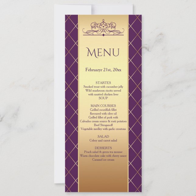 Invitation Motif diamant doré sur menu de mariage violet roya (Devant)