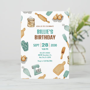 Invitation Motif d'outils de boulangerie verts pour anniversa