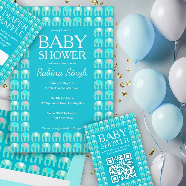 Invitation Motif Eléphant Cute BABY SHOWER personnalisé (Elephant Pattern Cute Custom BABY SHOWER Invitation
Blue Pink Gender Neutral
)