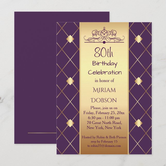 Invitation Motif en diamant d'or sur violet 80e fête d'annive (Devant / Derrière)