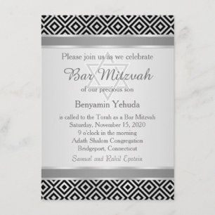 Invitation Motif en diamant noir argenté Bar Mitzvah Invitati