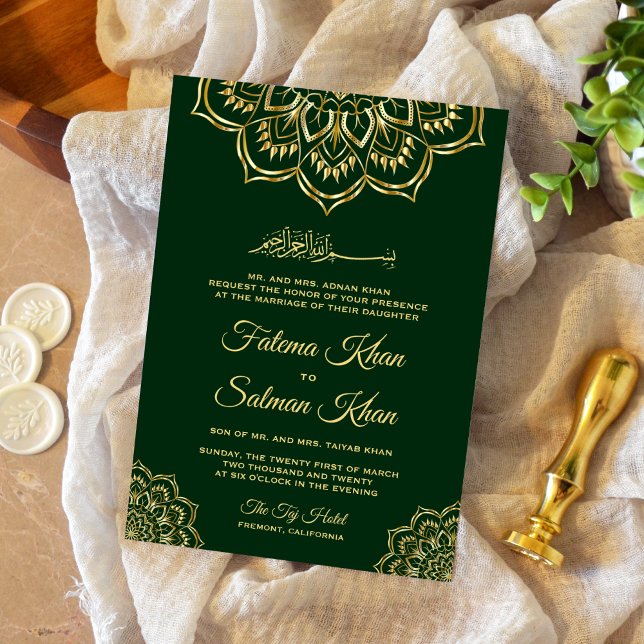 Invitation Motif en or vert foncé traditionnel Mariage islami (Créateur téléchargé)