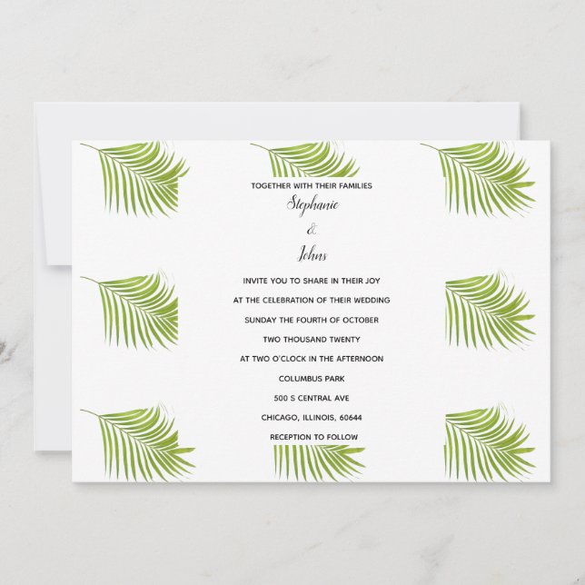 Invitation Motif feuille de palme vert blanc Mariage simple (Devant)