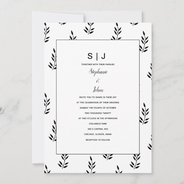 Invitation Motif feuille noir blanc Monogramme Nom Mariage (Devant)