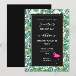 Invitation Motif Feuille tropical et Flamant rose rose Annive