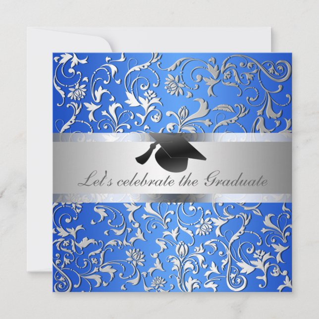 Invitation Motif Floral Argent Bleu Casquette de graduation n (Devant)
