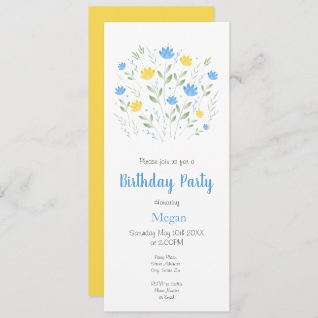 Invitation Motif floral bleu et jaune doux (Devant / Derrière)