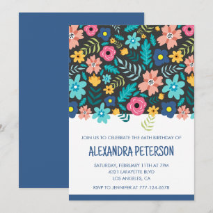 Invitation Motif floral bleu marine 66e anniversaire