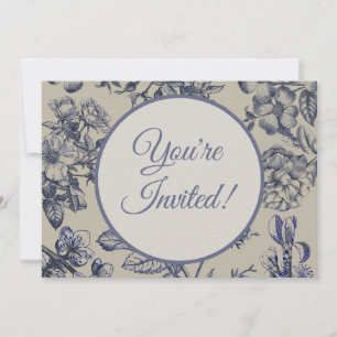 Invitation Motif Floral Botanique Toile Bleue Vintage Antique