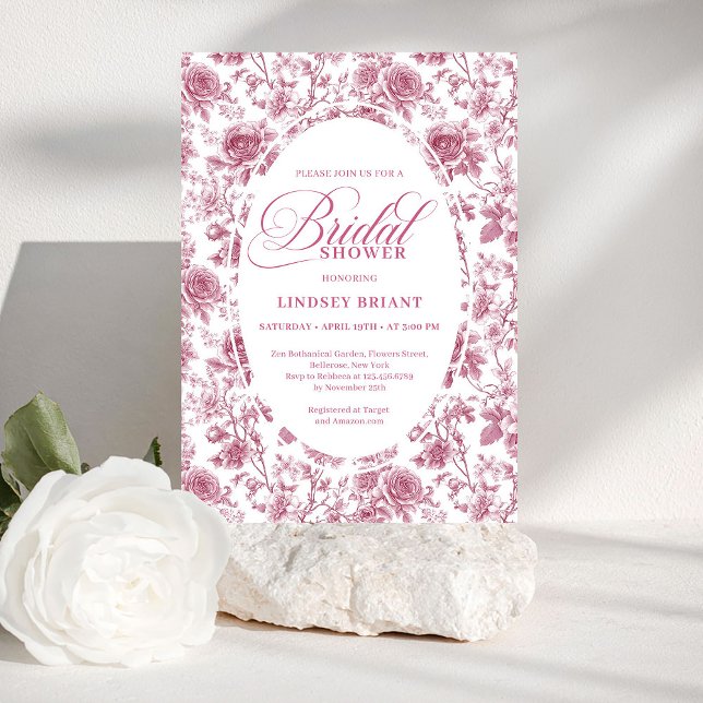 Invitation Motif floral classique de toile de Jouy pour douch (Classic Rose Pattern Floral Toile Bridal Shower Invite)
