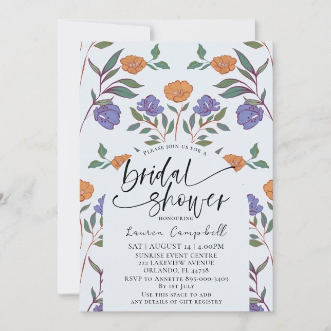 Invitation Motif floral Dusty Fête des mariées bleue et orang (Devant)