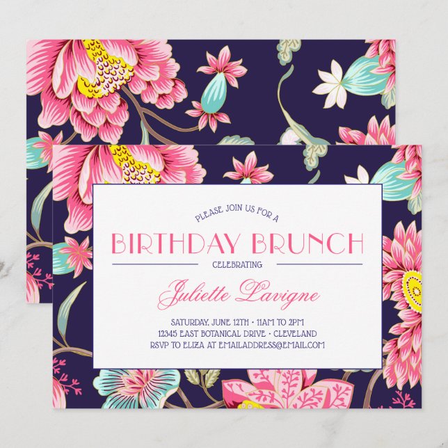 Invitation Motif Floral en Aqua Rose et Bleu Anniversaire (Devant / Derrière)