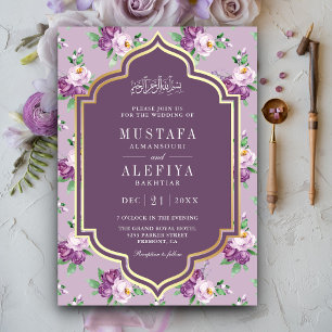 Invitation Motif floral or et violet pour mariage musulman