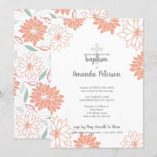 Invitation Motif Floral Peach Motif Croix Fille Baptême