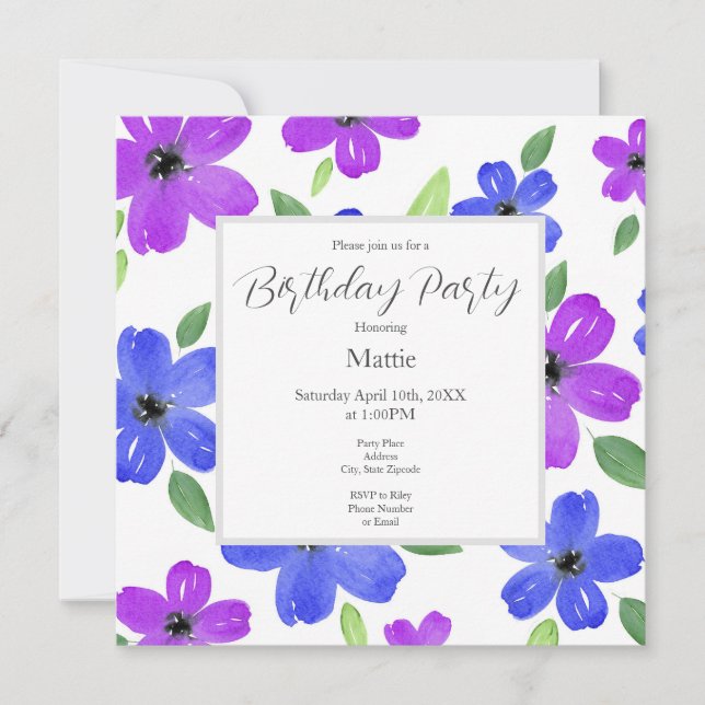 Invitation Motif Floral Purple & Blue Watercolor (Devant)
