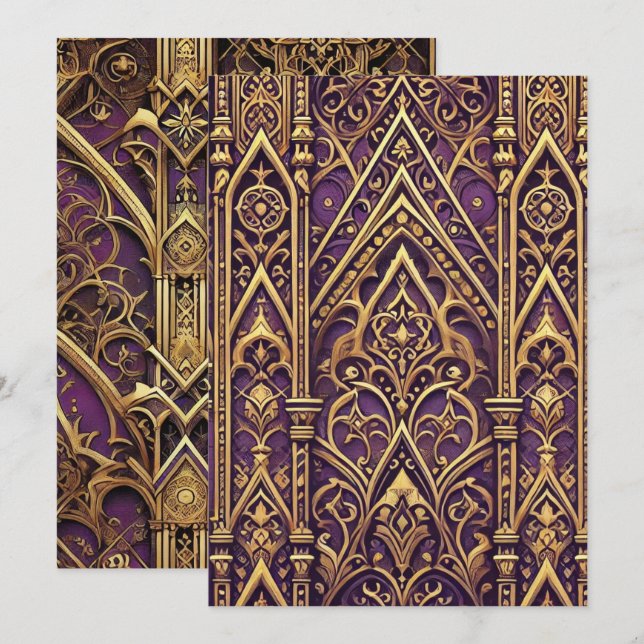 Invitation Motif gothique victorien imprimable violet et or (Devant / Derrière)